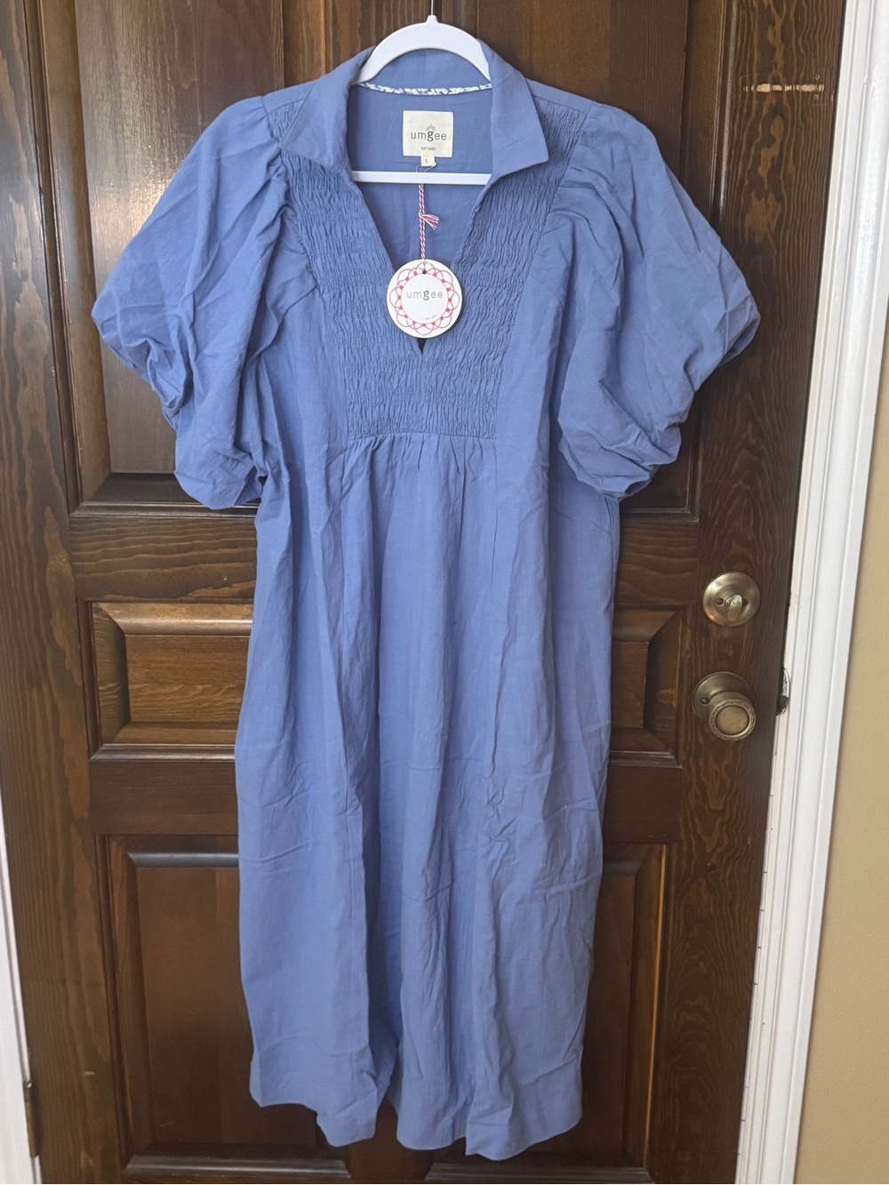 NWT Umgee Smocked Front Yoke Puff Sleeve Midi Dress Blue Large
